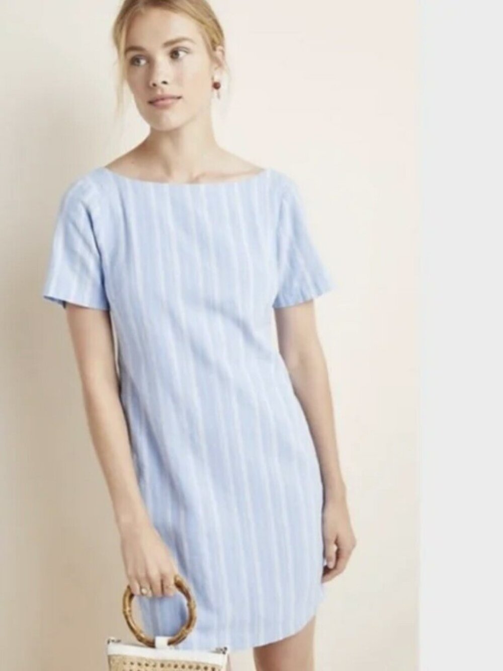 Anthropologie Cape May Blue White Striped Linen Blend Mini Dress